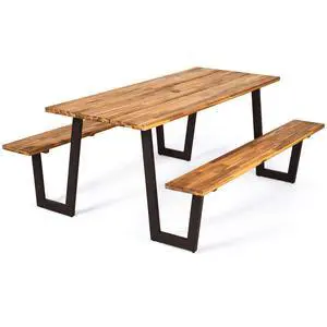 Picnic Table Bench Set with Umbrella Hole, Outdoor Dining Table Set, 70'' Acacia Wood Picnic Beer Table with Metal Frame Patented Picnic Table Bench Set with Umbrella Hole, Outdoor Dining Table Set, 70'' Acacia Wood Picnic Beer Table with Metal Frame Patented