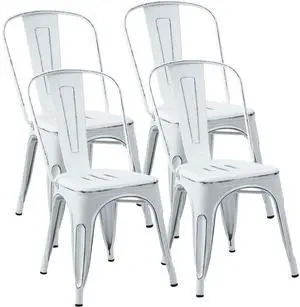 Metal Dining Chair Stackable Indoor Outdoor Industrial Vintage Chairs Bistro Kitchen Cafe Side Chairs with Back Set of 4 (Distressed White) Metal Dining Chair Stackable Indoor Outdoor Industrial Vintage Chairs Bistro Kitchen Cafe Side Chairs with Back Set of 4 (Distressed White)
