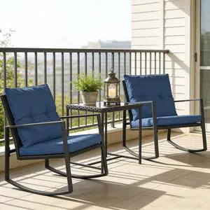 3-Piece Outdoor Rocking Chairs Patio Bistro Set Patio Brown Wicker Chairs with Glass Coffee Table, Dark Blue Cushion 3-Piece Outdoor Rocking Chairs Patio Bistro Set Patio Brown Wicker Chairs with Glass Coffee Table, Dark Blue Cushion