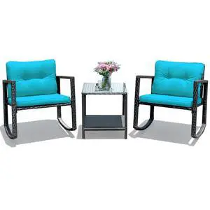 3 Pieces Patio Wicker Rocking Bistro Set, Outdoor Rocking Chair Furniture Set w/Cushioned Seat, Conversation Set w/Glass Coffee Table and Storage Shelf (Turquoise) 3 Pieces Patio Wicker Rocking Bistro Set, Outdoor Rocking Chair Furniture Set w/Cushioned Seat, Conversation Set w/Glass Coffee Table and Storage Shelf (Turquoise)