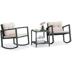 3 Pieces Patio Wicker Rocking Set, Outdoor Rocking Chairs and Table Set with Cushions, Glass Coffee Table with Storage Shelf, Suitable for Patio, Garden, Poolside, Balcony (Beige) 3 Pieces Patio Wicker Rocking Set, Outdoor Rocking Chairs and Table Set with Cushions, Glass Coffee Table with Storage Shelf, Suitable for Patio, Garden, Poolside, Balcony (Beige)