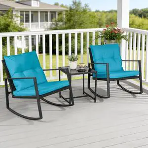 3-Piece Patio Bistro Set Outdoor Rocking Chairs Set Black Wicker Porch Chairs with Glass Coffee Table, Light Blue Cushion 3-Piece Patio Bistro Set Outdoor Rocking Chairs Set Black Wicker Porch Chairs with Glass Coffee Table, Light Blue Cushion