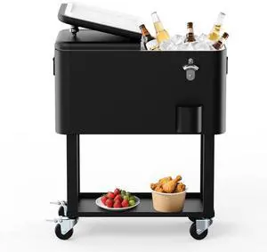 80QT Rolling Cooler Cart on Wheels for Outdoor Patio Party Bar Beverage Ice Chest with Bottle Opener, Drain Plug and Shelf 80QT Rolling Cooler Cart on Wheels for Outdoor Patio Party Bar Beverage Ice Chest with Bottle Opener, Drain Plug and Shelf