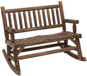 2-Person Wood Rocking Chair with Log Design, Heavy Duty Loveseat with Wide Curved Seats for Patio, Backyard, Garden, Walnut 2-Person Wood Rocking Chair with Log Design, Heavy Duty Loveseat with Wide Curved Seats for Patio, Backyard, Garden, Walnut