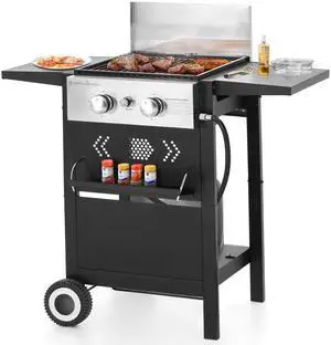 2-Burner Gas BBQ Grill With Flat Top, Small Outdoor Propane Barbecue Grill with Side Shelves,Lid and Hose & Regulator for Camping, 20,000 BTU,Black 2-Burner Gas BBQ Grill With Flat Top, Small Outdoor Propane Barbecue Grill with Side Shelves,Lid and Hose & Regulator for Camping, 20,000 BTU,Black