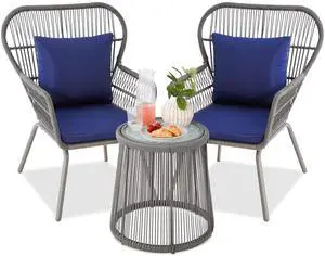 3-Piece Patio Conversation Bistro Set, Outdoor All-Weather Wicker Furniture for Porch, Backyard w/ 2 Wide Ergonomic Chairs, Cushions, Glass Top Side Table - Gray/Navy 3-Piece Patio Conversation Bistro Set, Outdoor All-Weather Wicker Furniture for Porch, Backyard w/ 2 Wide Ergonomic Chairs, Cushions, Glass Top Side Table - Gray/Navy