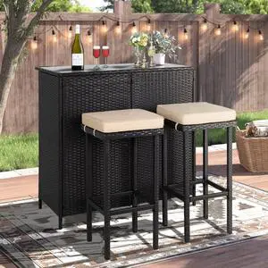 3-Piece Wicker Patio Outdoor Bar Set, 2 Stools and 1 Glass Top Table, Bistro Set, Brown Furniture for Deck, Lawn, Backyard 3-Piece Wicker Patio Outdoor Bar Set, 2 Stools and 1 Glass Top Table, Bistro Set, Brown Furniture for Deck, Lawn, Backyard