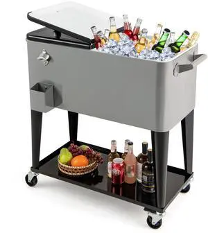 80 Quart Rolling Patio Cooler Cart with Bottom Storage Shelf & Drain, Outdoor Ice Chest with Lockable Wheels, Bottle Opener & Cap Catcher, for Party Poolside Backyard BBQ 80 Quart Rolling Patio Cooler Cart with Bottom Storage Shelf & Drain, Outdoor Ice Chest with Lockable Wheels, Bottle Opener & Cap Catcher, for Party Poolside Backyard BBQ