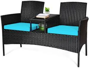 Wicker Patio Conversation Furniture Set, Outdoor Furniture Set with Removable Cushions & Table, Tempered Glass Top, Modern Rattan Bench for Garden Lawn Backyard Wicker Patio Conversation Furniture Set, Outdoor Furniture Set with Removable Cushions & Table, Tempered Glass Top, Modern Rattan Bench for Garden Lawn Backyard