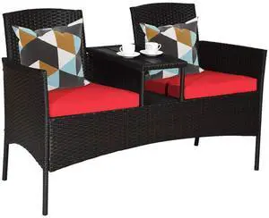 Outdoor Rattan Loveseat, Patio Conversation Set with Cushions & Table, Modern Patented Wicker Sofa Set with Built-in Coffee Table, Rattan Sofas for Garden Lawn Backyard Outdoor Rattan Loveseat, Patio Conversation Set with Cushions & Table, Modern Patented Wicker Sofa Set with Built-in Coffee Table, Rattan Sofas for Garden Lawn Backyard