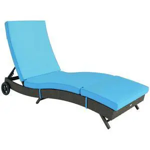 Wicker Chaise Lounge Chair Outdoor with Wheels & Cushion, PE Rattan Patio Lounge Chair with 5-Level Adjustable Backrest for Poolside, Garden, Sky Blue Wicker Chaise Lounge Chair Outdoor with Wheels & Cushion, PE Rattan Patio Lounge Chair with 5-Level Adjustable Backrest for Poolside, Garden, Sky Blue
