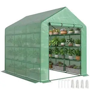8' x 6' x 7' Walk-in Greenhouse, PE Cover, 4-Tier Shelves, Steel Frame Hot House, Roll-Up Zipper Door for Flowers, Vegetables, Saplings, Tropical Plants, Green 8' x 6' x 7' Walk-in Greenhouse, PE Cover, 4-Tier Shelves, Steel Frame Hot House, Roll-Up Zipper Door for Flowers, Vegetables, Saplings, Tropical Plants, Green
