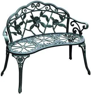 Outdoor Bench, Cast Aluminum Outdoor Furniture, Metal Bench with Floral Rose Accent & Antique Finish, Green Outdoor Bench, Cast Aluminum Outdoor Furniture, Metal Bench with Floral Rose Accent & Antique Finish, Green