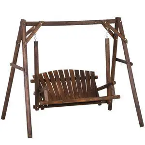 2-Seat Porch Swing with Stand, Wooden Patio Swing Chair Bench, for Garden, Poolside, Backyard, Brown 2-Seat Porch Swing with Stand, Wooden Patio Swing Chair Bench, for Garden, Poolside, Backyard, Brown