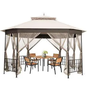 10 x 12 Ft Patio Gazebo, Heavy Duty Octagonal Canopy Gazebo w/Netting Sidewalls and Sturdy Steel Frame, Double Roof Vented Gazebo Canopy Shelter for Backyard Event Party BBQ (Beige) 10 x 12 Ft Patio Gazebo, Heavy Duty Octagonal Canopy Gazebo w/Netting Sidewalls and Sturdy Steel Frame, Double Roof Vented Gazebo Canopy Shelter for Backyard Event Party BBQ (Beige)