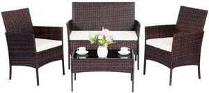 Patio Furniture Set 4 Pieces, Outdoor Rattan Furniture with Tempered Glass Coffee Table, Modern Rattan Patio Chairs Conversation Sets with Sofa for Garden, Terrace, Porch, Lawns Brown/Beige Patio Furniture Set 4 Pieces, Outdoor Rattan Furniture with Tempered Glass Coffee Table, Modern Rattan Patio Chairs Conversation Sets with Sofa for Garden, Terrace, Porch, Lawns Brown/Beige