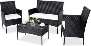 Patio Furniture Set 4 Pieces, Outdoor Rattan Furniture with Tempered Glass Coffee Table, Modern Rattan Patio Chairs Conversation Sets with Sofa for Garden, Terrace, Porch, Lawns Patio Furniture Set 4 Pieces, Outdoor Rattan Furniture with Tempered Glass Coffee Table, Modern Rattan Patio Chairs Conversation Sets with Sofa for Garden, Terrace, Porch, Lawns