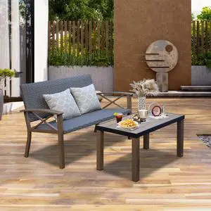 Domi Aluminum Patio Furniture Set, 2-Piece Modern Conversation Set with Cotton Padding Backrests and Seats, Outdoor Loveseat Metal Sofa Set with 5.5 Inch Cushion and Coffee Table for Balcony, Garden Domi Aluminum Patio Furniture Set, 2-Piece Modern Conversation Set with Cotton Padding Backrests and Seats, Outdoor Loveseat Metal Sofa Set with 5.5 Inch Cushion and Coffee Table for Balcony, Garden
