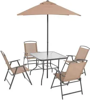 Albany Lane 6-Piece Folding Dining Set By s, Patio Table, Chair, Umbrella, Set, Outdoor Decorations, (Tan) Albany Lane 6-Piece Folding Dining Set By s, Patio Table, Chair, Umbrella, Set, Outdoor Decorations, (Tan)
