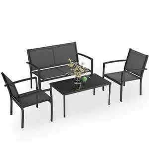4 Pieces Patio Furniture Set, Outdoor Conversation Sets for Patio, Lawn, Garden, Poolside with A Glass Coffee Table, Black 4 Pieces Patio Furniture Set, Outdoor Conversation Sets for Patio, Lawn, Garden, Poolside with A Glass Coffee Table, Black