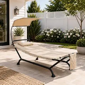 Ailsa Patio Hammock with Stand and Canopy, Outdoor Hammock Lounger Bed with Pillow, Storage Pocket and Thick Padded Cushion, Steel Frame Sun Lounger for Poolside, Backyard, Porch, Garden Ailsa Patio Hammock with Stand and Canopy, Outdoor Hammock Lounger Bed with Pillow, Storage Pocket and Thick Padded Cushion, Steel Frame Sun Lounger for Poolside, Backyard, Porch, Garden