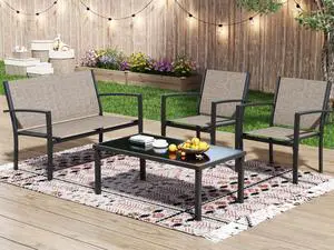 4 Pieces Patio Furniture Set, Outdoor Conversation Sets for Patio, Lawn, Garden, Poolside with A Glass Coffee Table, Brown 4 Pieces Patio Furniture Set, Outdoor Conversation Sets for Patio, Lawn, Garden, Poolside with A Glass Coffee Table, Brown