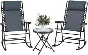 3 Piece Outdoor Rocking Bistro Set, Patio Folding Chair Table Set with Glass Coffee Table for Yard, Patio, Deck, Backyard, Grey 3 Piece Outdoor Rocking Bistro Set, Patio Folding Chair Table Set with Glass Coffee Table for Yard, Patio, Deck, Backyard, Grey
