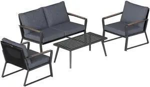 4 Piece Patio Furniture Set, Aluminum Conversation Set, Outdoor Garden Sofa Set with Armchairs, Loveseat, Center Coffee Table and Cushions, Dark Grey 4 Piece Patio Furniture Set, Aluminum Conversation Set, Outdoor Garden Sofa Set with Armchairs, Loveseat, Center Coffee Table and Cushions, Dark Grey