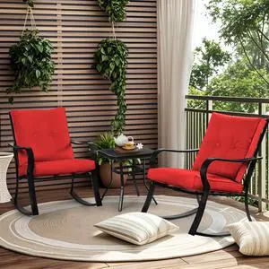 3 Piece Patio Bistro Set Outdoor Rocking Chairs Set, Porch Patio Conversation Chairs Set of 2 with Glass-Top Coffee Table (Red Thickened Cushion) 3 Piece Patio Bistro Set Outdoor Rocking Chairs Set, Porch Patio Conversation Chairs Set of 2 with Glass-Top Coffee Table (Red Thickened Cushion)