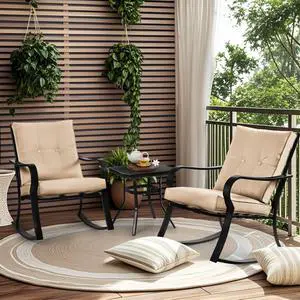 3 Piece Patio Bistro Set Outdoor Rocking Chairs Set, Porch Patio Conversation Chairs Set of 2 with Glass-Top Coffee Table (Brown Thickened Cushion) 3 Piece Patio Bistro Set Outdoor Rocking Chairs Set, Porch Patio Conversation Chairs Set of 2 with Glass-Top Coffee Table (Brown Thickened Cushion)