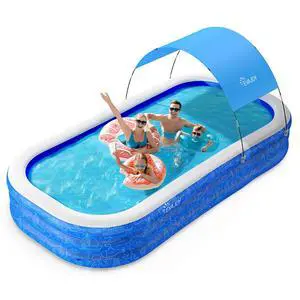 Large Inflatable Swimming Pool with Canopy, 150 x 70 x 20 Full-Sized Inflatable Pool for Kids & Adults, Kiddie Pool with Sun Shade, Blow Up Pool for Backyard, Garden, Age 3+, Blue Large Inflatable Swimming Pool with Canopy, 150 x 70 x 20 Full-Sized Inflatable Pool for Kids & Adults, Kiddie Pool with Sun Shade, Blow Up Pool for Backyard, Garden, Age 3+, Blue