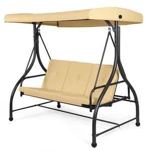 3 Seats Converting Patio Swing, Outdoor Porch Garden Canopy Swing with Comfortable Cushion Seats & Adjustable Tilt Canopy, Heavy Duty Hammock 3 Persons Porch Swing (Beige) 3 Seats Converting Patio Swing, Outdoor Porch Garden Canopy Swing with Comfortable Cushion Seats & Adjustable Tilt Canopy, Heavy Duty Hammock 3 Persons Porch Swing (Beige)