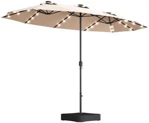 15 Ft Solar Patio Umbrella with Base, Extra Large Outdoor Double-Sided Twin Umbrella with 36 LED Lights & Crank Handle for Garden, Deck, Poolside, Patio (Beige) 15 Ft Solar Patio Umbrella with Base, Extra Large Outdoor Double-Sided Twin Umbrella with 36 LED Lights & Crank Handle for Garden, Deck, Poolside, Patio (Beige)