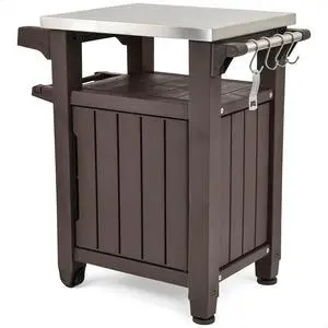Outdoor Grill Prep Table & Serving Cart, Stainless Steel Top, Unity, 40 Gal, Brown - Portable Bar Table and Cooking Accessory for Pool, Patio, Lawn, and Backyard Outdoor Grill Prep Table & Serving Cart, Stainless Steel Top, Unity, 40 Gal, Brown - Portable Bar Table and Cooking Accessory for Pool, Patio, Lawn, and Backyard