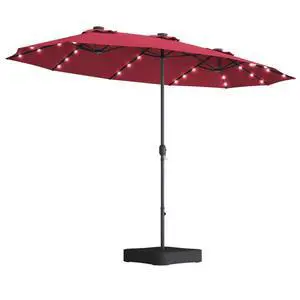15 Ft Solar Patio Umbrella with Base, Extra Large Outdoor Double-Sided Twin Umbrella with 36 LED Lights & Crank Handle for Garden, Deck, Poolside, Patio (Burgundy) 15 Ft Solar Patio Umbrella with Base, Extra Large Outdoor Double-Sided Twin Umbrella with 36 LED Lights & Crank Handle for Garden, Deck, Poolside, Patio (Burgundy)