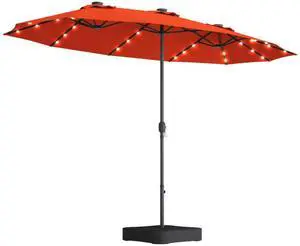 15 Ft Solar Patio Umbrella with Base, Extra Large Outdoor Double-Sided Twin Umbrella with 36 LED Lights & Crank Handle for Garden, Deck, Poolside, Patio (Orange) 15 Ft Solar Patio Umbrella with Base, Extra Large Outdoor Double-Sided Twin Umbrella with 36 LED Lights & Crank Handle for Garden, Deck, Poolside, Patio (Orange)
