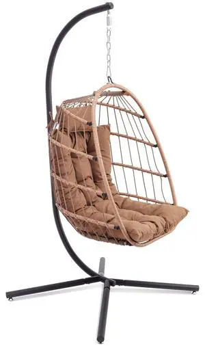 Hanging Egg Chair w/Stand - Wicker Rattan Swing, Padded Cushion | Foldable Design, Weather-Resistant Cushion & Padded Headrest Included, 350 lb Capacity, Great for Patio, Backyard & Bedroom Hanging Egg Chair w/Stand - Wicker Rattan Swing, Padded Cushion | Foldable Design, Weather-Resistant Cushion & Padded Headrest Included, 350 lb Capacity, Great for Patio, Backyard & Bedroom