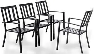 Outdoor Metal Dining Chairs, Black Wrought Iron Stacking Armchairs, Outside Seating Furniture for Patio Deck, Yard, Porch | 4 PCS | Slat Back Outdoor Metal Dining Chairs, Black Wrought Iron Stacking Armchairs, Outside Seating Furniture for Patio Deck, Yard, Porch | 4 PCS | Slat Back