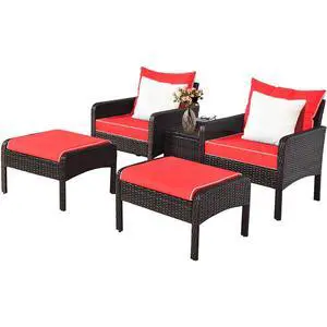 5 Pieces Wicker Patio Furniture Set, PE Rattan Outdoor All Weather Cushioned Sofas and Ottoman Set, 2-Person Outside Conversation Set for Lawn, Poolside, Yard, Balcony, Deck, Red 5 Pieces Wicker Patio Furniture Set, PE Rattan Outdoor All Weather Cushioned Sofas and Ottoman Set, 2-Person Outside Conversation Set for Lawn, Poolside, Yard, Balcony, Deck, Red