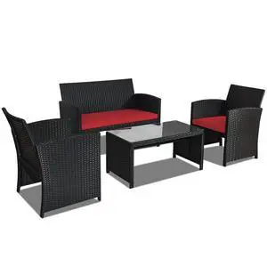 Rattan Patio Furniture Set 4 Pieces, Outdoor Wicker Conversation Sofa and Table Set with Soft Cushions & Tempered Glass Coffee Table for Balcony Garden Backyard (Red) Rattan Patio Furniture Set 4 Pieces, Outdoor Wicker Conversation Sofa and Table Set with Soft Cushions & Tempered Glass Coffee Table for Balcony Garden Backyard (Red)