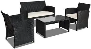 4-Piece Rattan Patio Furniture Set, Outdoor Wicker Conversation Sofa with Weather Resistant Cushions and Tempered Glass Tabletop for Lawn Backyard Pool Garden (White(Black Wicker)) 4-Piece Rattan Patio Furniture Set, Outdoor Wicker Conversation Sofa with Weather Resistant Cushions and Tempered Glass Tabletop for Lawn Backyard Pool Garden (White(Black Wicker))