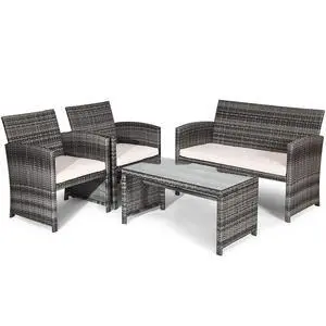 Rattan Patio Furniture Set 4 Pieces, Outdoor Wicker Conversation Sofa and Table Set with Soft Cushions & Tempered Glass Coffee Table for Balcony Garden Backyard (Beige(Mixed Color Wicker)) Rattan Patio Furniture Set 4 Pieces, Outdoor Wicker Conversation Sofa and Table Set with Soft Cushions & Tempered Glass Coffee Table for Balcony Garden Backyard (Beige(Mixed Color Wicker))
