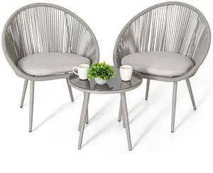 3 Piece Outdoor Bistro Set, Woven Rope Conversation Patio Set, All Weather Patio Furniture Chairs and Table with Cushions for Garden, Deck, Backyard, Balcony, Porch, Beige 3 Piece Outdoor Bistro Set, Woven Rope Conversation Patio Set, All Weather Patio Furniture Chairs and Table with Cushions for Garden, Deck, Backyard, Balcony, Porch, Beige