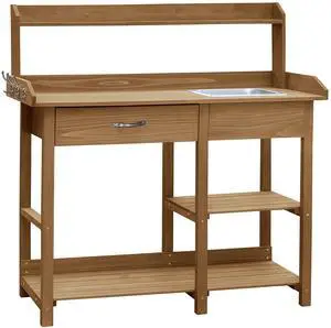 Potting Bench Garden Table for Outdoors with Removable Stainless Sink, Planting Work Bench with Storage Shelves and Drawer, Natural Wood Potting Bench Garden Table for Outdoors with Removable Stainless Sink, Planting Work Bench with Storage Shelves and Drawer, Natural Wood