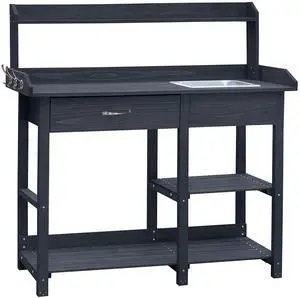 Potting Bench Garden Table for Outdoors with Removable Stainless Sink, Planting Work Bench with Storage Shelves and Drawer, Grey Potting Bench Garden Table for Outdoors with Removable Stainless Sink, Planting Work Bench with Storage Shelves and Drawer, Grey