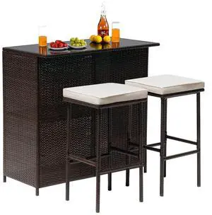 Wicker Patio Furniture 3 Piece Patio Bar Table Set Chairs Wicker Outdoor Rattan Bistro Set Glass Top Table and Two Stools for Yard or Backyard Wicker Patio Furniture 3 Piece Patio Bar Table Set Chairs Wicker Outdoor Rattan Bistro Set Glass Top Table and Two Stools for Yard or Backyard