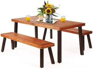 Patio Dining Table Set with 2 Benches, Outdoor Picnic Table Set with Umbrella Hole, Acacia Wood Patio Seating and Rectangular Table for Backyard, Garden, Lawn (Rustic Brown) Patio Dining Table Set with 2 Benches, Outdoor Picnic Table Set with Umbrella Hole, Acacia Wood Patio Seating and Rectangular Table for Backyard, Garden, Lawn (Rustic Brown)