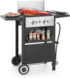 2-Burner Propane Gas BBQ Grill with Cast Iron Griddle Pan, 20,000 BTU Output Small Barbecue Grill for Outdoor, Patio, Backyard and Balcony 2-Burner Propane Gas BBQ Grill with Cast Iron Griddle Pan, 20,000 BTU Output Small Barbecue Grill for Outdoor, Patio, Backyard and Balcony