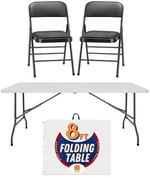 Combo 8FT Folding Table with 2-Pack Folding Chairs Indoor Outdoor Heavy Duty Portable Folding Plastic Dining Table w/Handle, Lock for Picnic, Party, Camping - White (8ft) Combo 8FT Folding Table with 2-Pack Folding Chairs Indoor Outdoor Heavy Duty Portable Folding Plastic Dining Table w/Handle, Lock for Picnic, Party, Camping - White (8ft)