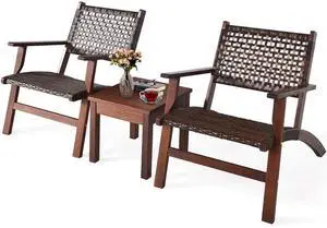 3 Pieces Patio Conversation Set, Solid Eucalyptus Wood Frame Outdoor Wicker Furniture Set Bistro Set with Coffee Table, Rattan Furniture Set for Backyard Porch Garden Poolside Balcony (Brown) 3 Pieces Patio Conversation Set, Solid Eucalyptus Wood Frame Outdoor Wicker Furniture Set Bistro Set with Coffee Table, Rattan Furniture Set for Backyard Porch Garden Poolside Balcony (Brown)